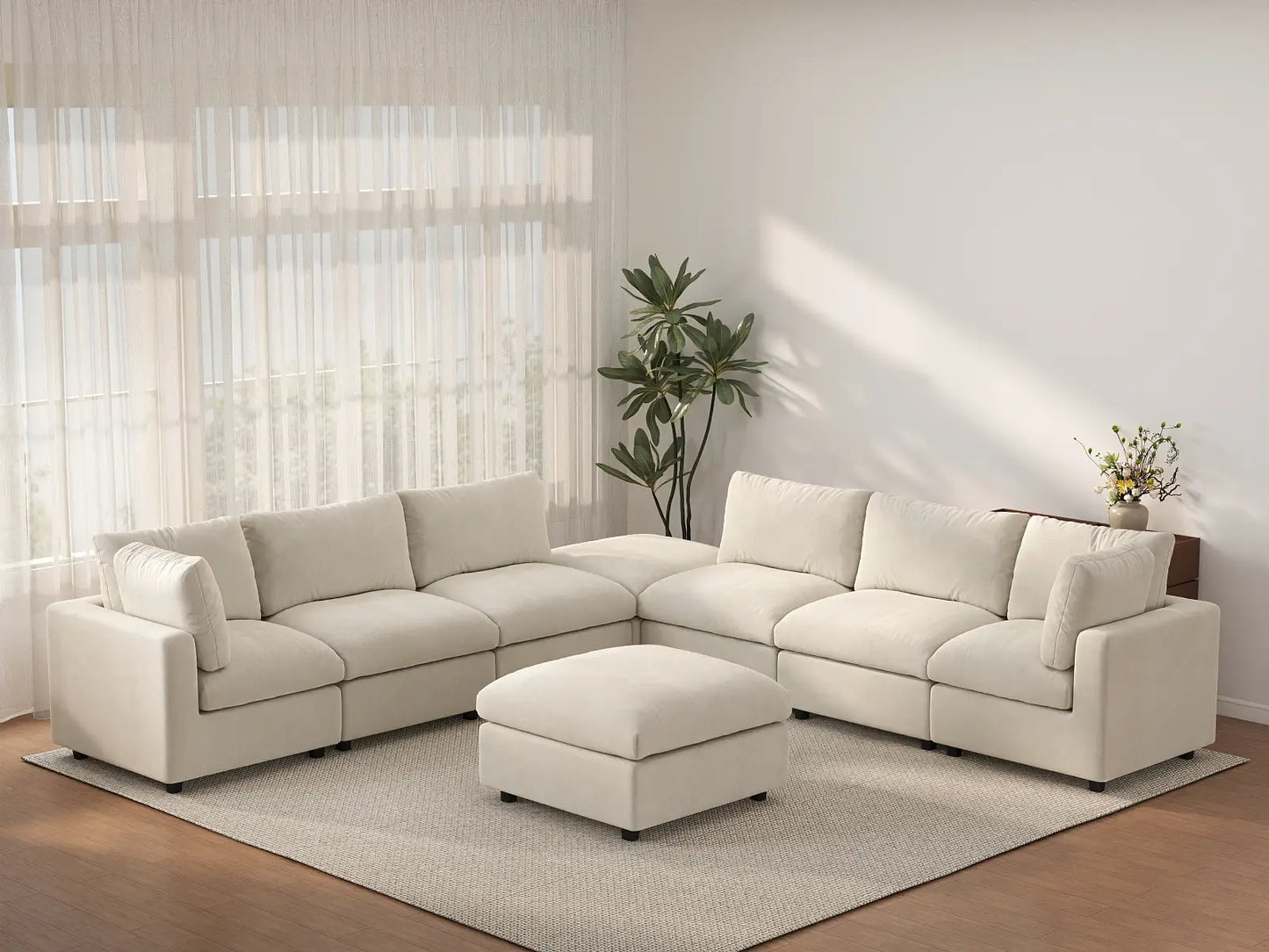 Sofá Seccional Nube Deluxe de 6 Plazas Beige | 8 piezas (incluye 2 otomanas), tela de chenilla mezcla de lino, fácil de limpiar