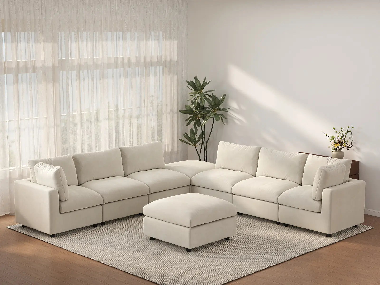 Sofá Seccional Nube Deluxe de 6 Plazas Beige | 8 piezas (incluye 2 otomanas), tela de chenilla mezcla de lino, fácil de limpiar