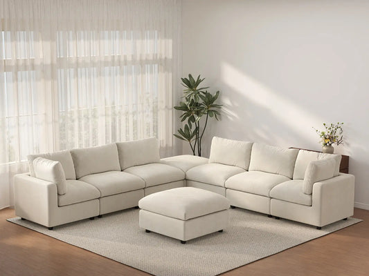 Sofá Seccional Nube Deluxe de 6 Plazas Beige | 8 piezas (incluye 2 otomanas), tela de chenilla mezcla de lino, fácil de limpiar