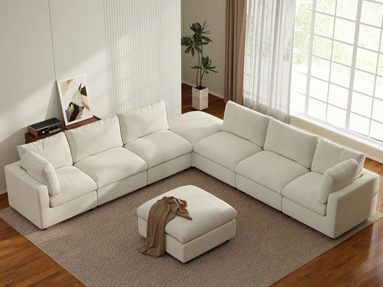 Sofá Seccional Nube Deluxe de 6 Plazas Beige | 8 piezas (incluye 2 otomanas), tela de chenilla mezcla de lino, fácil de limpiar