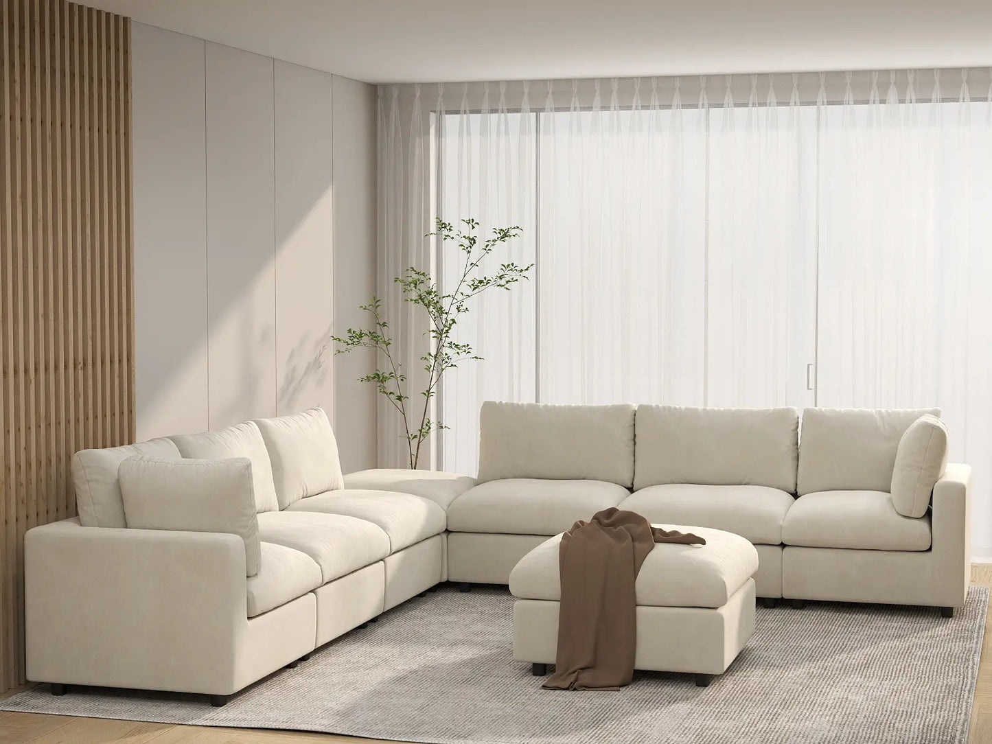 Sofá Seccional Nube Deluxe de 6 Plazas Beige | 8 piezas (incluye 2 otomanas), tela de chenilla mezcla de lino, fácil de limpiar