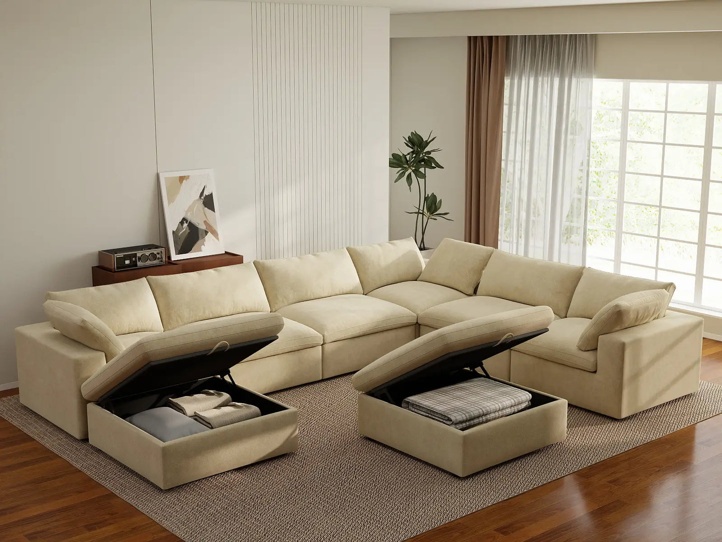 Deluxe Cloud 6-Seater Beige Sofa Set | 8-Piece (Includes 2 Ottomans), Velvet Fabric, Living Room, Washable Cushion Covers