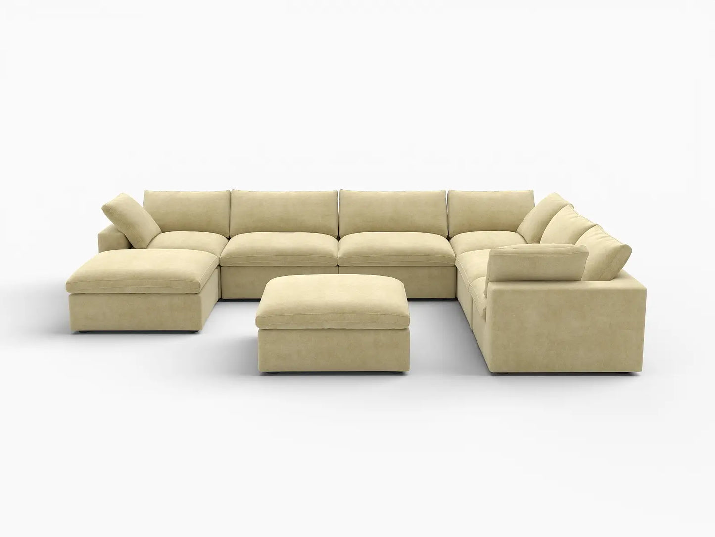 Deluxe Cloud 6-Seater Beige Sofa Set | 8-Piece (Includes 2 Ottomans), Velvet Fabric, Living Room, Washable Cushion Covers
