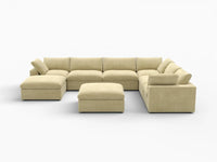 Deluxe Cloud 6-Seater Beige Sofa Set | 8-Piece (Includes 2 Ottomans), Velvet Fabric, Living Room, Washable Cushion Covers