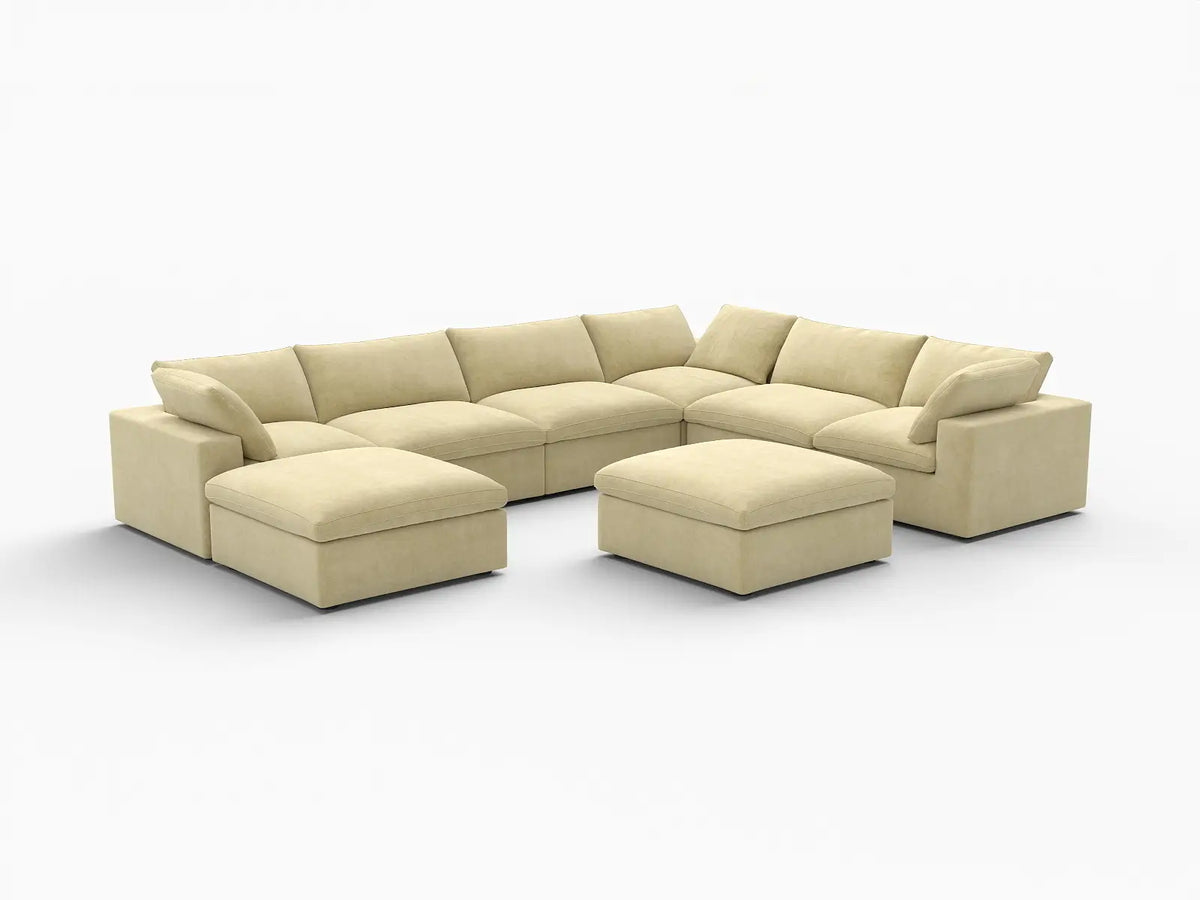 Deluxe Cloud 6-Seater Beige Sofa Set | 8-Piece (Includes 2 Ottomans), Velvet Fabric, Living Room, Washable Cushion Covers