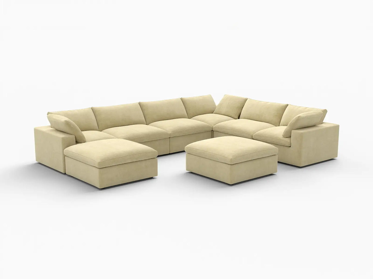 Deluxe Cloud 6-Seater Beige Sofa Set | 8-Piece (Includes 2 Ottomans), Velvet Fabric, Living Room, Washable Cushion Covers