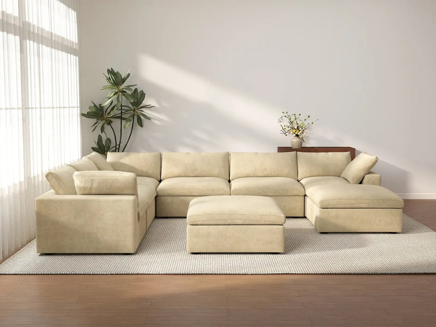 Deluxe Cloud 6-Seater Beige Sofa Set | 8-Piece (Includes 2 Ottomans), Velvet Fabric, Living Room, Washable Cushion Covers