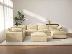 Deluxe Cloud 6-Seater Beige Sofa Set | 8-Piece (Includes 2 Ottomans), Velvet Fabric, Living Room, Washable Cushion Covers