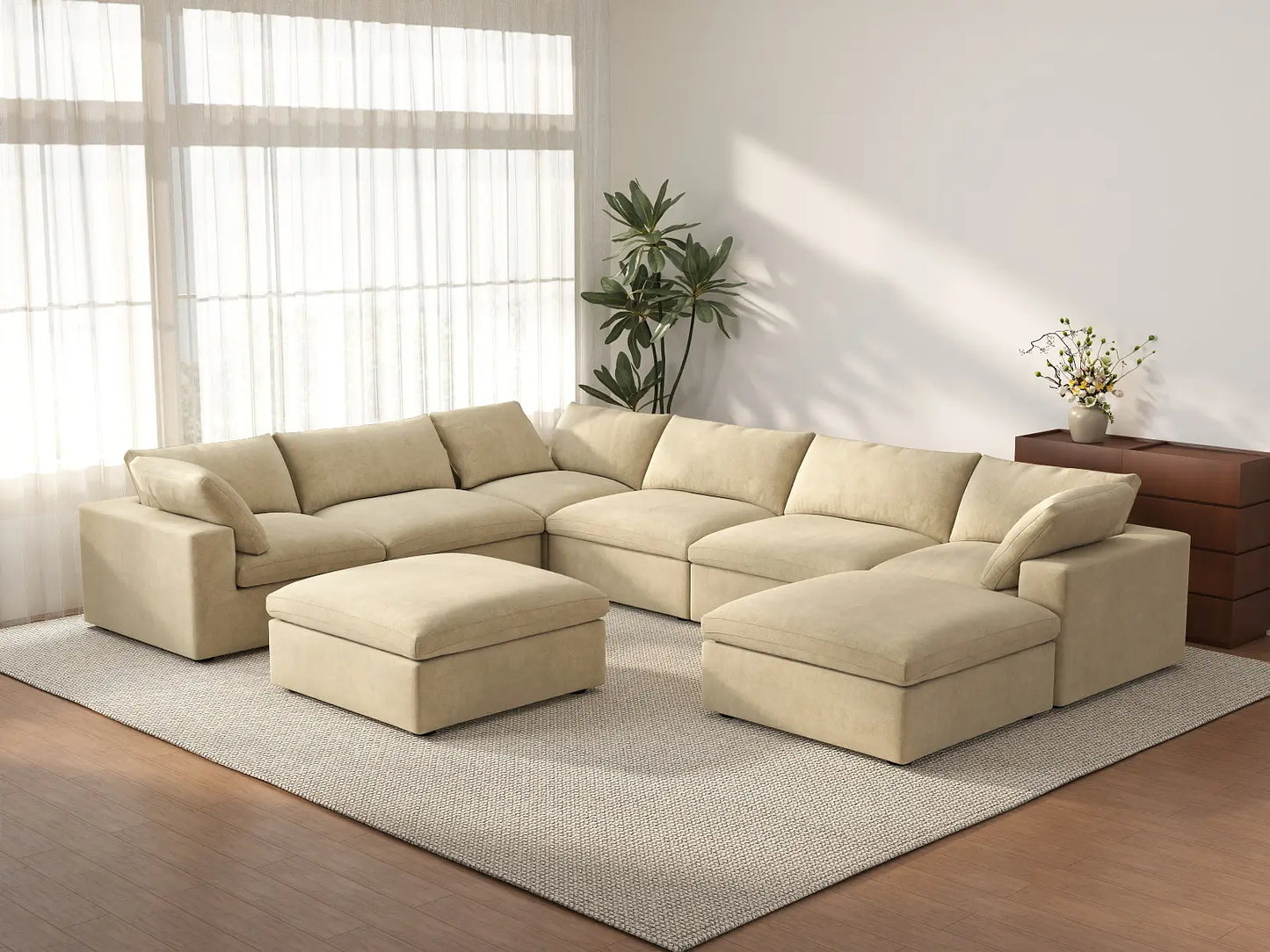 Deluxe Cloud 6-Seater Beige Sofa Set | 8-Piece (Includes 2 Ottomans), Velvet Fabric, Living Room, Washable Cushion Covers