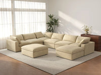 Deluxe Cloud 6-Seater Beige Sofa Set | 8-Piece (Includes 2 Ottomans), Velvet Fabric, Living Room, Washable Cushion Covers