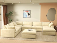 Deluxe Cloud 6-Seater Beige Sofa Set | 8-Piece (Includes 2 Ottomans), Velvet Fabric, Living Room, Washable Cushion Covers