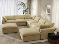 Deluxe Cloud 6-Seater Beige Sofa Set | 8-Piece (Includes 2 Ottomans), Velvet Fabric, Living Room, Washable Cushion Covers