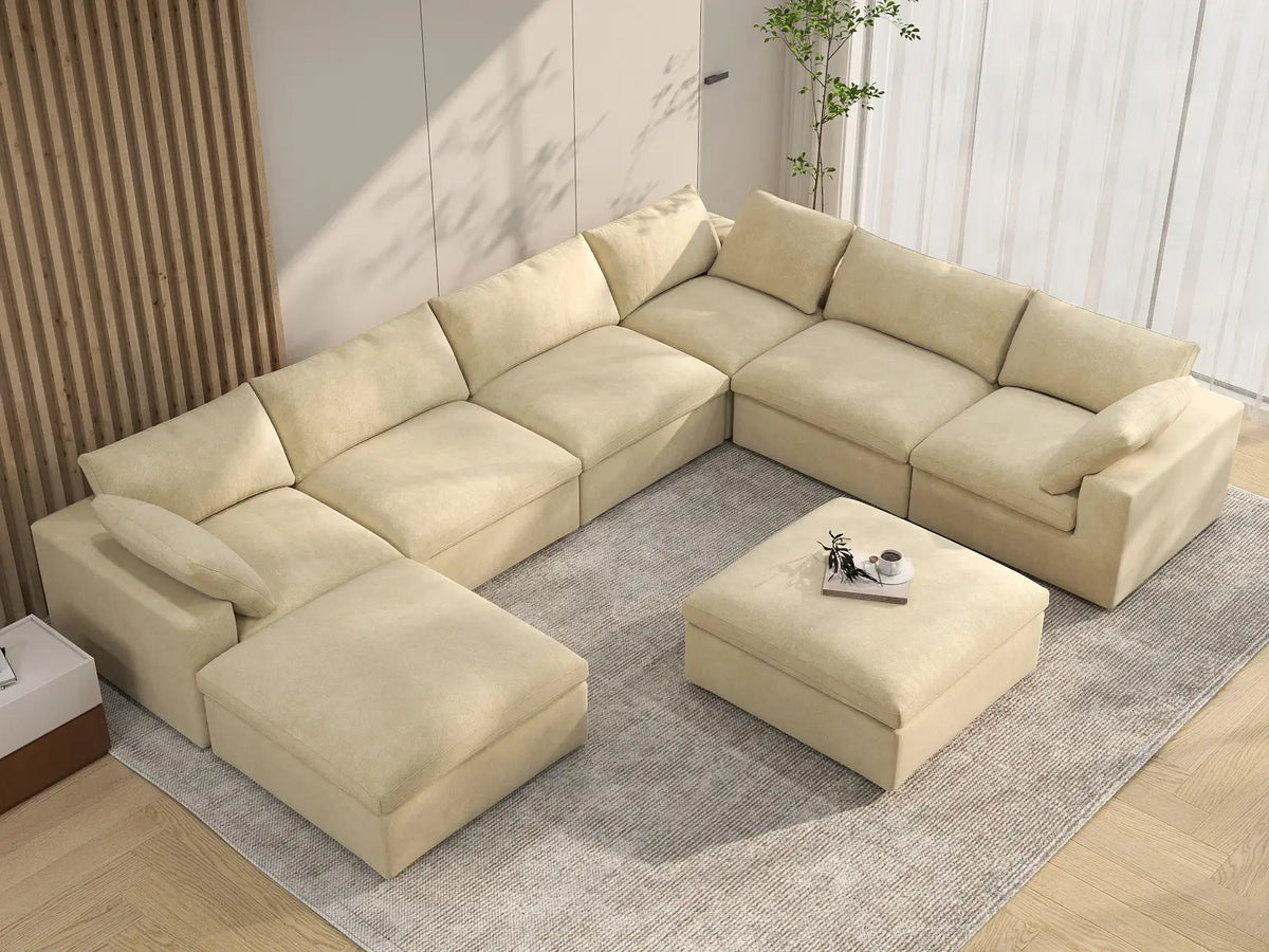 Deluxe Cloud 6-Seater Beige Sofa Set | 8-Piece (Includes 2 Ottomans), Velvet Fabric, Living Room, Washable Cushion Covers