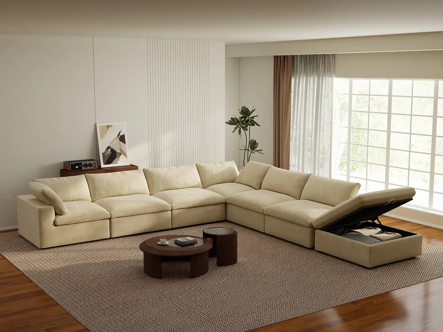 Deluxe Cloud 6-Seater Beige V-Shaped Sectional | 7-Piece (Includes 1 Ottoman), Velvet Fabric, Living Room Seating, Washable Cushion Covers