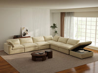 Deluxe Cloud 6-Seater Beige V-Shaped Sectional | 7-Piece (Includes 1 Ottoman), Velvet Fabric, Living Room Seating, Washable Cushion Covers