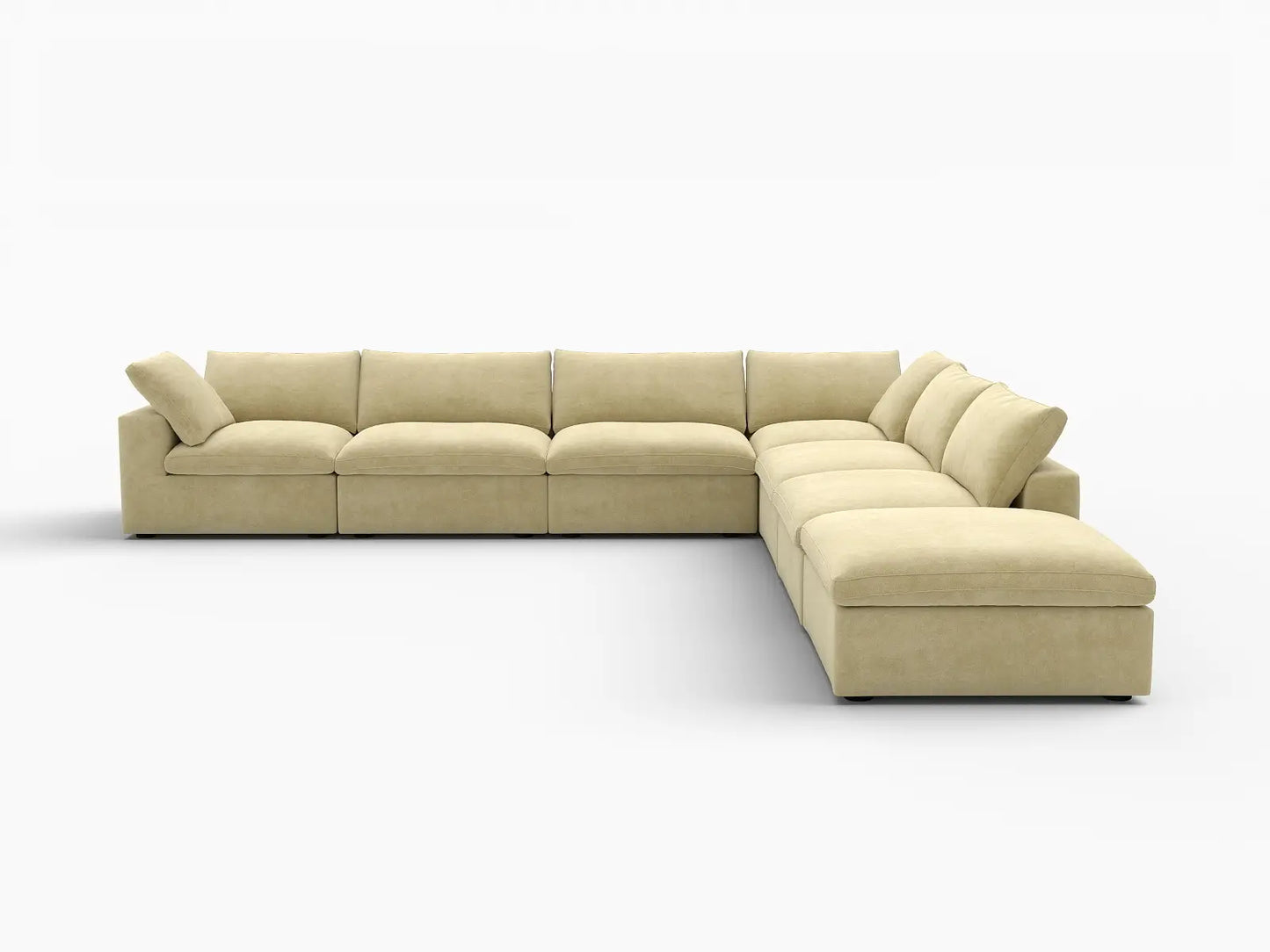 Deluxe Cloud 6-Seater Beige V-Shaped Sectional | 7-Piece (Includes 1 Ottoman), Velvet Fabric, Living Room Seating, Washable Cushion Covers