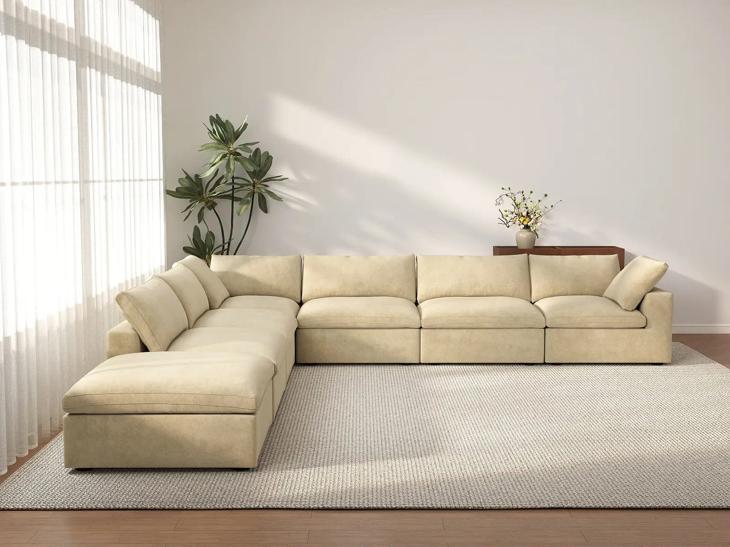 Deluxe Cloud 6-Seater Beige V-Shaped Sectional | 7-Piece (Includes 1 Ottoman), Velvet Fabric, Living Room Seating, Washable Cushion Covers