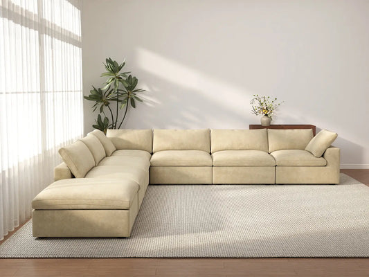 Deluxe Cloud 6-Seater Beige V-Shaped Sectional | 7-Piece (Includes 1 Ottoman), Velvet Fabric, Living Room Seating, Washable Cushion Covers