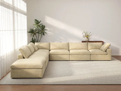 Deluxe Cloud 6-Seater Beige V-Shaped Sectional | 7-Piece (Includes 1 Ottoman), Velvet Fabric, Living Room Seating, Washable Cushion Covers