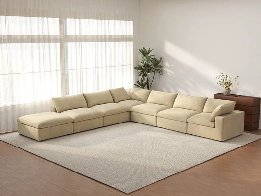 Deluxe Cloud 6-Seater Beige V-Shaped Sectional | 7-Piece (Includes 1 Ottoman), Velvet Fabric, Living Room Seating, Washable Cushion Covers