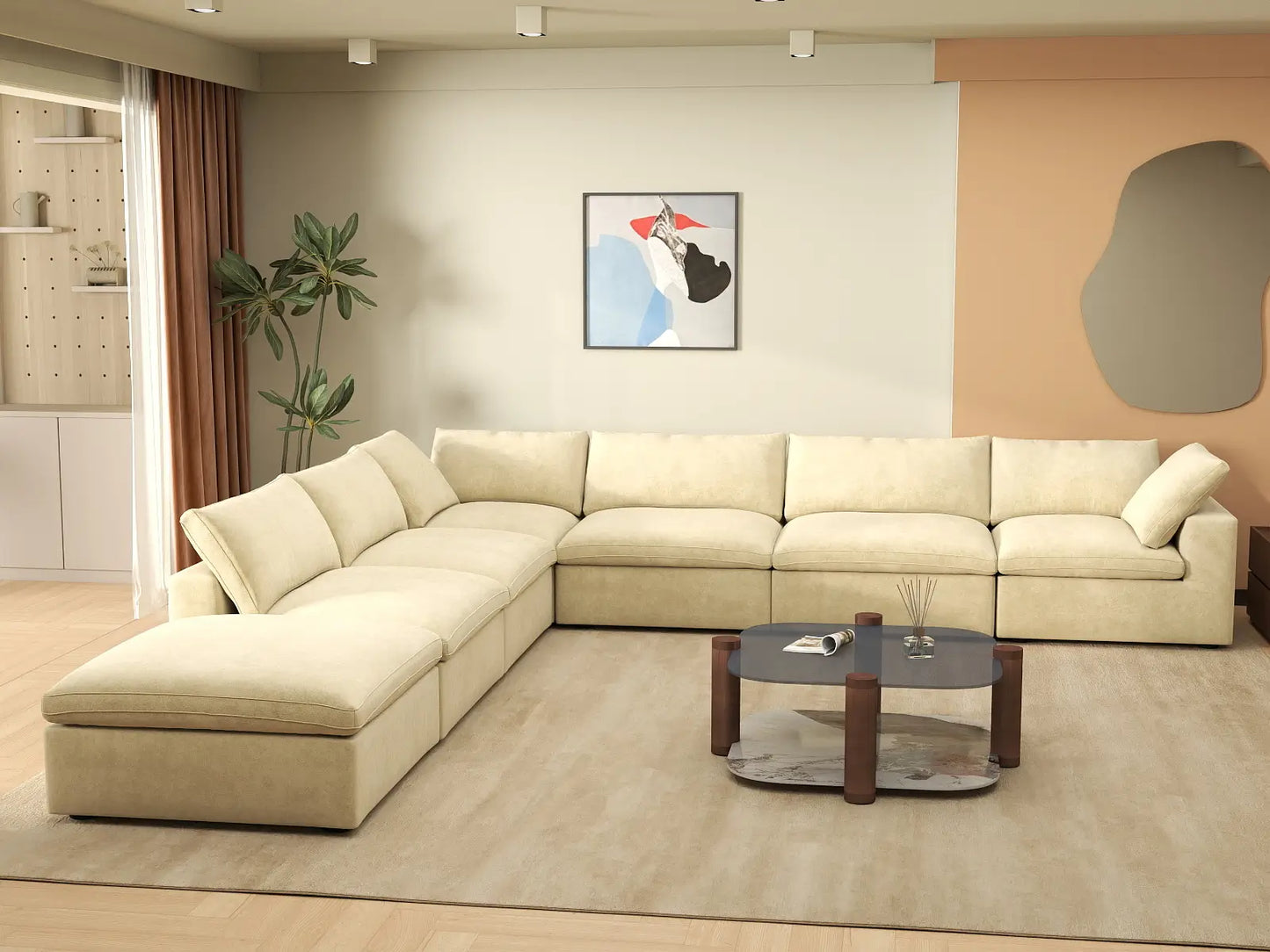 Deluxe Cloud 6-Seater Beige V-Shaped Sectional | 7-Piece (Includes 1 Ottoman), Velvet Fabric, Living Room Seating, Washable Cushion Covers