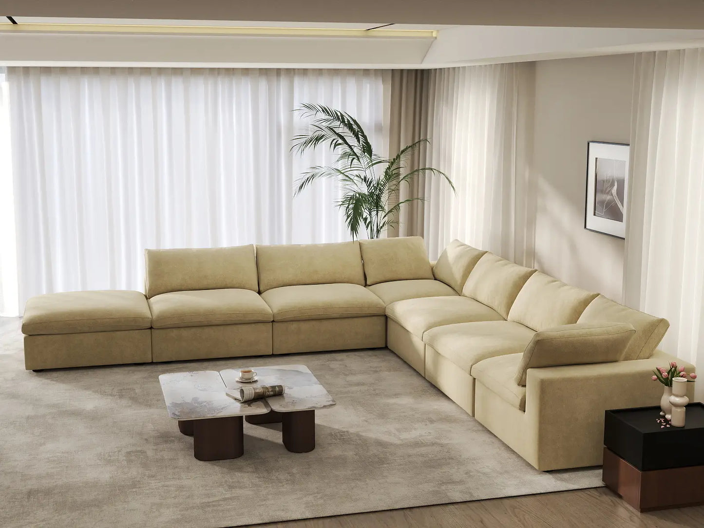 Deluxe Cloud 6-Seater Beige V-Shaped Sectional | 7-Piece (Includes 1 Ottoman), Velvet Fabric, Living Room Seating, Washable Cushion Covers