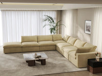 Deluxe Cloud 6-Seater Beige V-Shaped Sectional | 7-Piece (Includes 1 Ottoman), Velvet Fabric, Living Room Seating, Washable Cushion Covers