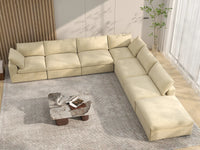 Deluxe Cloud 6-Seater Beige V-Shaped Sectional | 7-Piece (Includes 1 Ottoman), Velvet Fabric, Living Room Seating, Washable Cushion Covers
