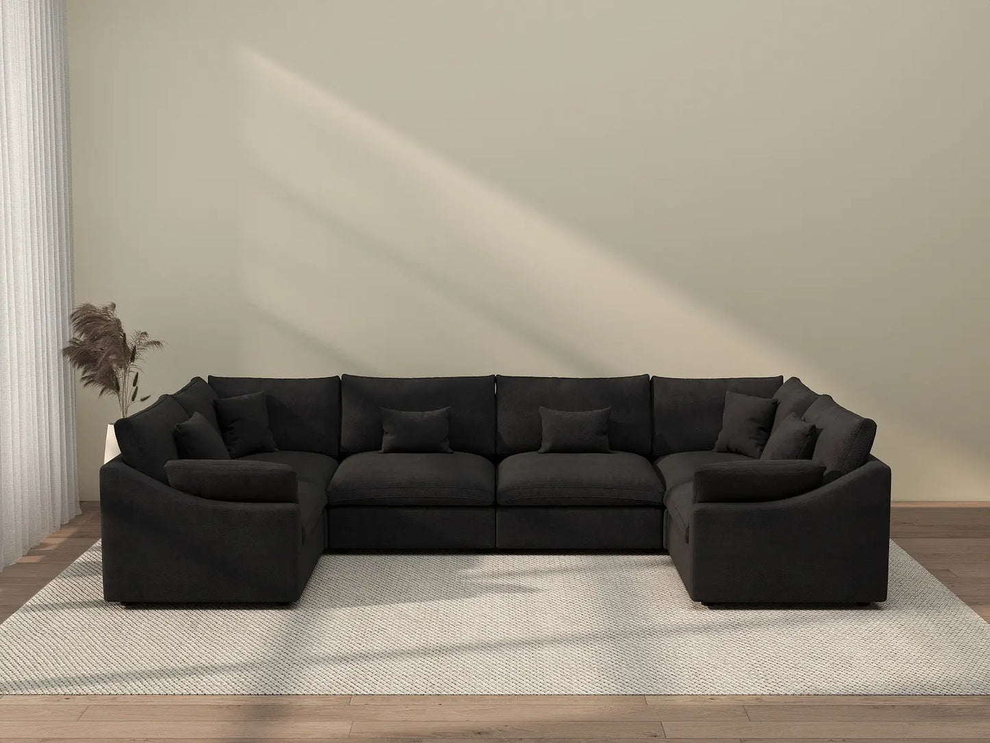 Deluxe Cloud 6-Seater Black Pit Sectional | 6-Piece, Chenille And Linen Fabric, Washable Cushion Covers