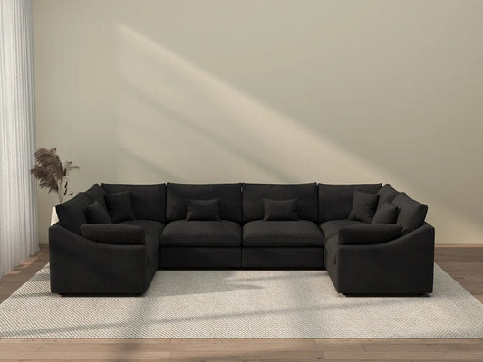 Deluxe Cloud 6-Seater Black Pit Sectional | 6-Piece, Chenille And Linen Fabric, Washable Cushion Covers