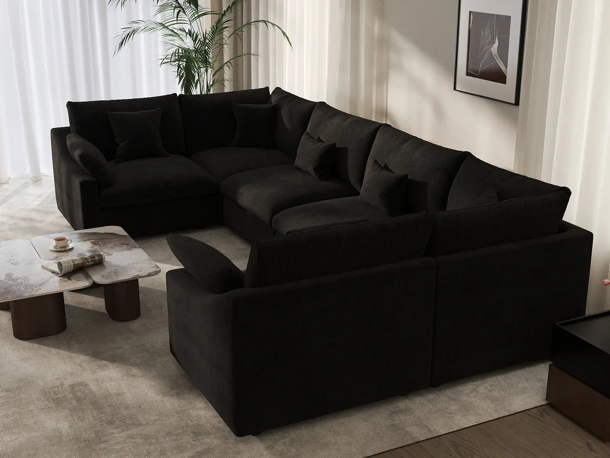 Deluxe Cloud 6-Seater Black Pit Sectional | 6-Piece, Chenille And Linen Fabric, Washable Cushion Covers