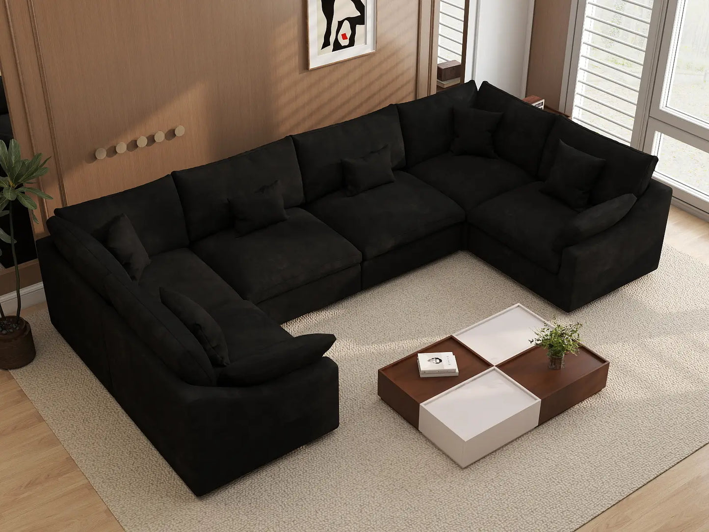 Deluxe Cloud 6-Seater Black Pit Sectional | 6-Piece, Chenille And Linen Fabric, Washable Cushion Covers