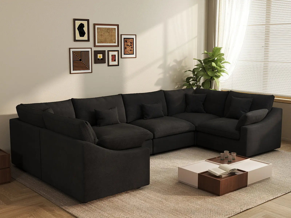 Deluxe Cloud 6-Seater Black Pit Sectional | 6-Piece, Chenille And Linen Fabric, Washable Cushion Covers