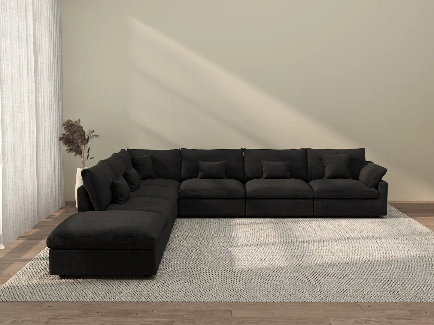Deluxe Cloud 6-Seater Black Pit Sectional | 7-Piece (Includes 1 Ottoman), Chenille And Linen Fabric, Washable Cushion Covers