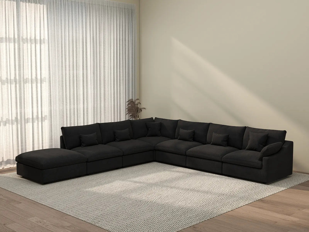Deluxe Cloud 6-Seater Black Pit Sectional | 7-Piece (Includes 1 Ottoman), Chenille And Linen Fabric, Washable Cushion Covers