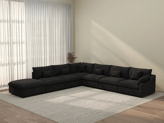 Deluxe Cloud 6-Seater Black Pit Sectional | 7-Piece (Includes 1 Ottoman), Chenille And Linen Fabric, Washable Cushion Covers