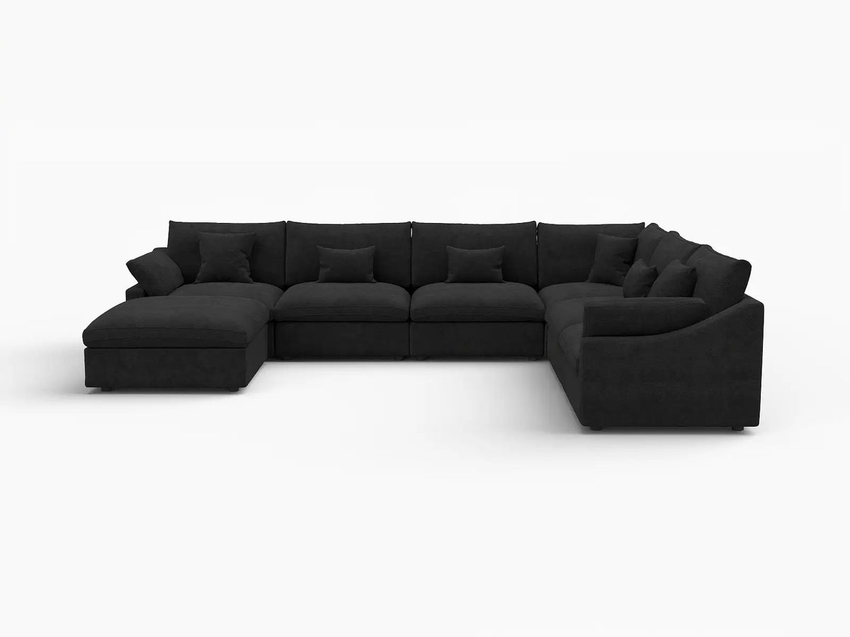 Deluxe Cloud 6-Seater Black Pit Sectional | 7-Piece (Includes 1 Ottoman), Chenille And Linen Fabric, Washable Cushion Covers