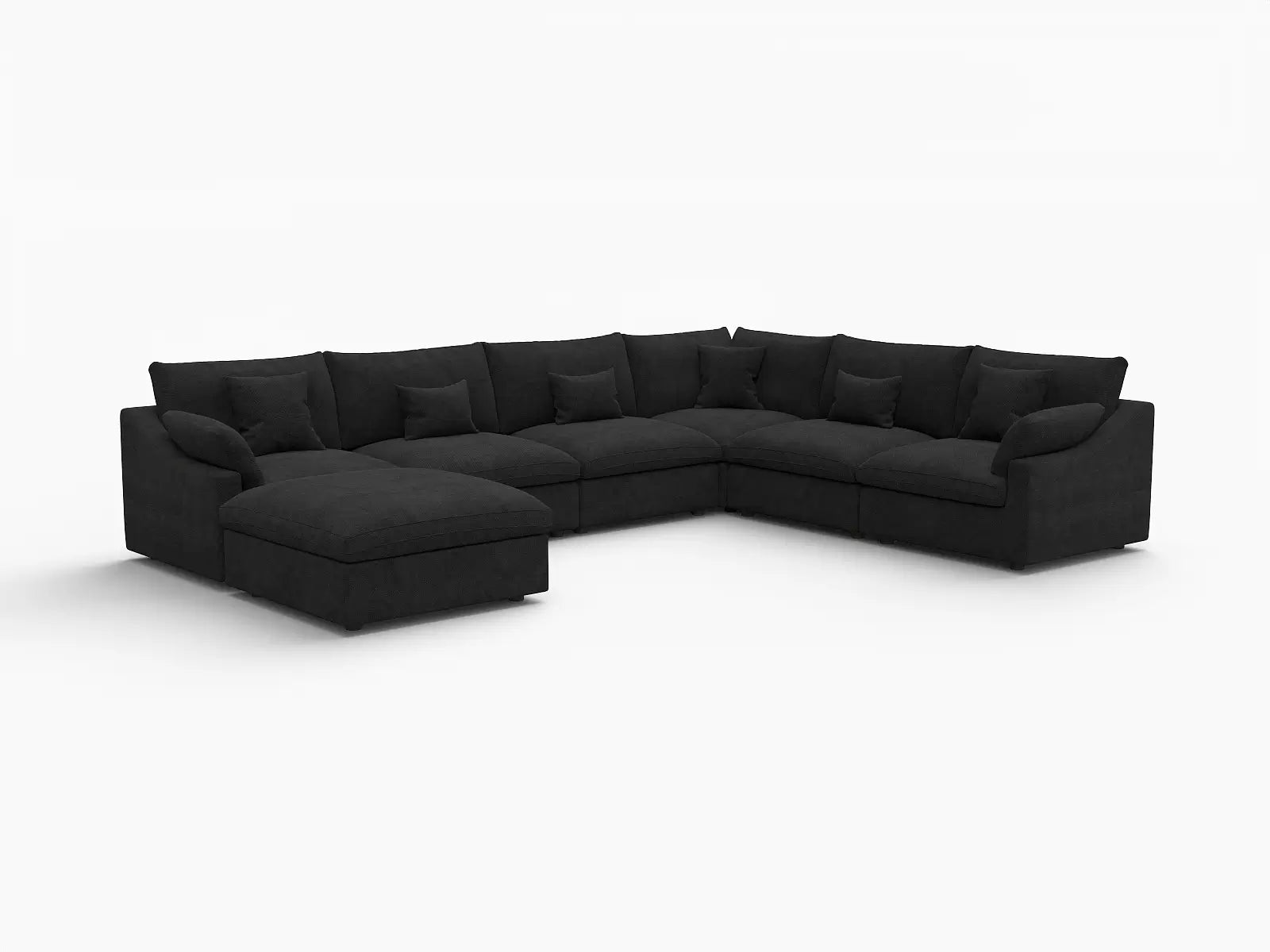 Deluxe Cloud 6-Seater Black Pit Sectional | 7-Piece (Includes 1 Ottoman), Chenille And Linen Fabric, Washable Cushion Covers