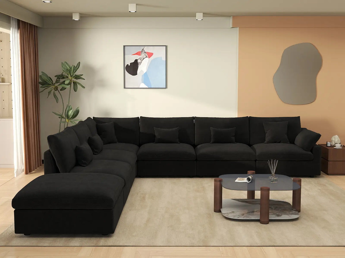 Deluxe Cloud 6-Seater Black Pit Sectional | 7-Piece (Includes 1 Ottoman), Chenille And Linen Fabric, Washable Cushion Covers