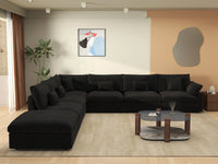 Deluxe Cloud 6-Seater Black Pit Sectional | 7-Piece (Includes 1 Ottoman), Chenille And Linen Fabric, Washable Cushion Covers