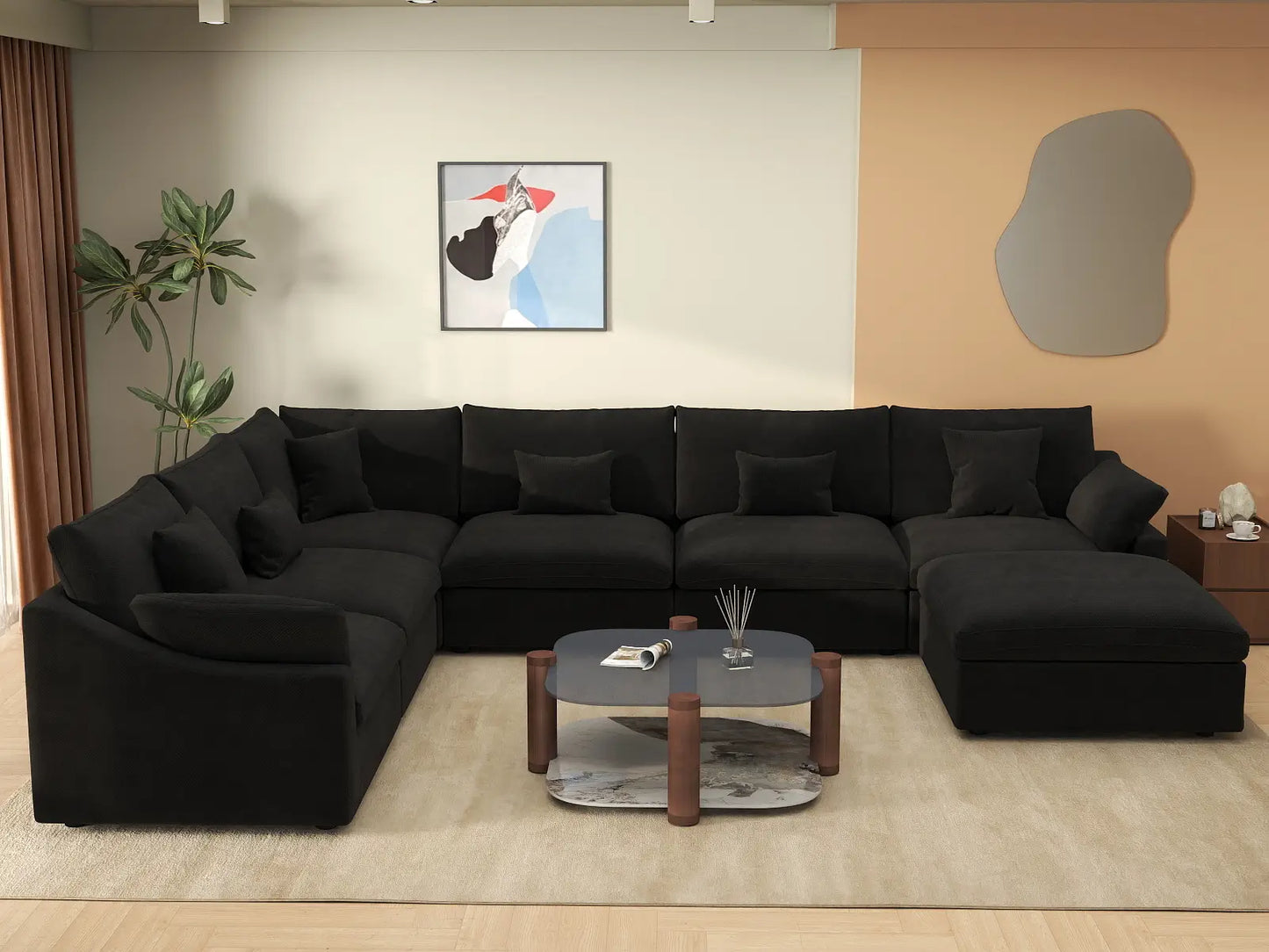 Deluxe Cloud 6-Seater Black Pit Sectional | 7-Piece (Includes 1 Ottoman), Chenille And Linen Fabric, Washable Cushion Covers
