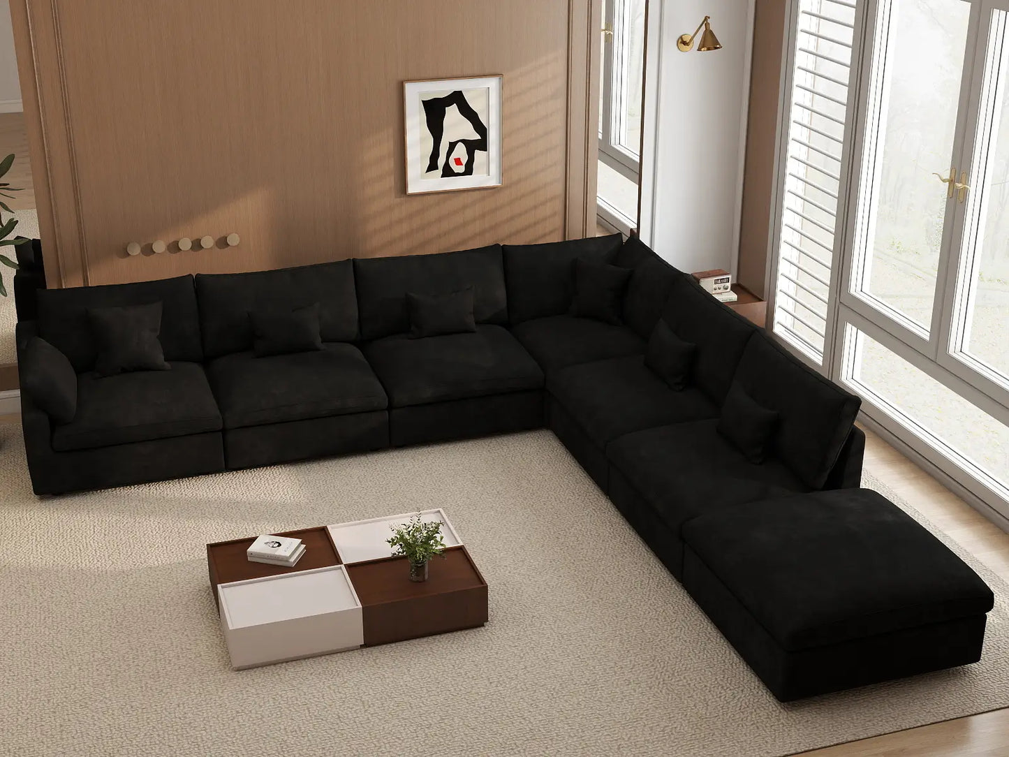 Deluxe Cloud 6-Seater Black Pit Sectional | 7-Piece (Includes 1 Ottoman), Chenille And Linen Fabric, Washable Cushion Covers