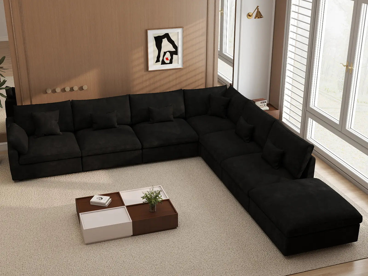 Deluxe Cloud 6-Seater Black Pit Sectional | 7-Piece (Includes 1 Ottoman), Chenille And Linen Fabric, Washable Cushion Covers