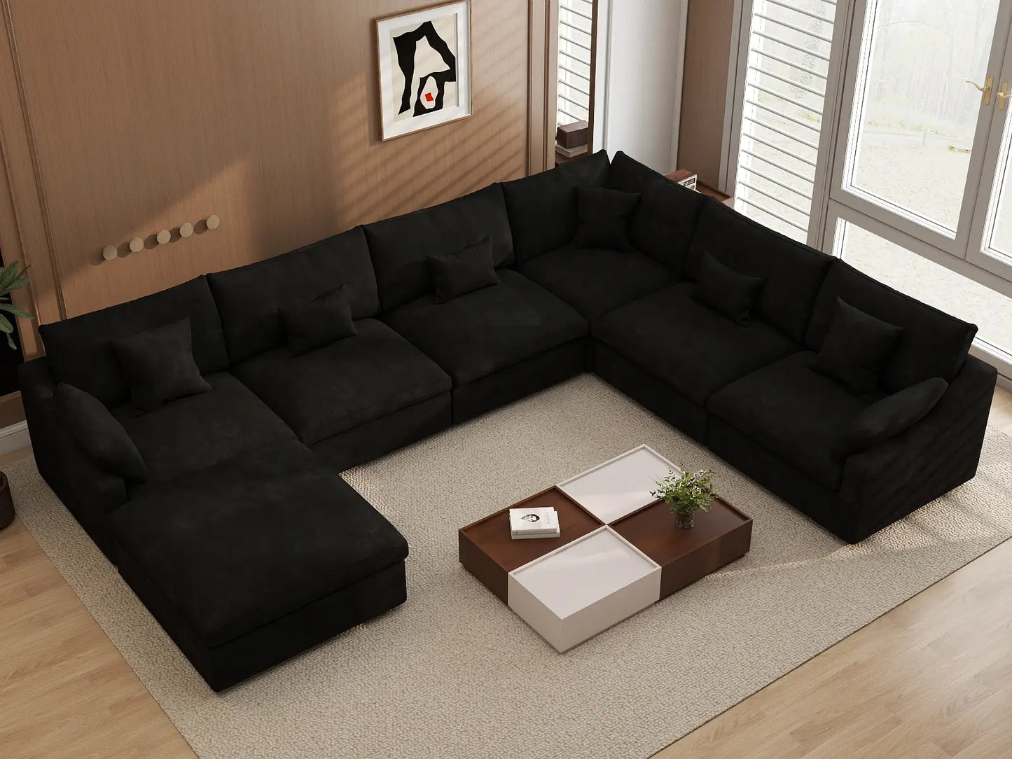 Deluxe Cloud 6-Seater Black Pit Sectional | 7-Piece (Includes 1 Ottoman), Chenille And Linen Fabric, Washable Cushion Covers