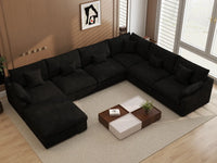 Deluxe Cloud 6-Seater Black Pit Sectional | 7-Piece (Includes 1 Ottoman), Chenille And Linen Fabric, Washable Cushion Covers