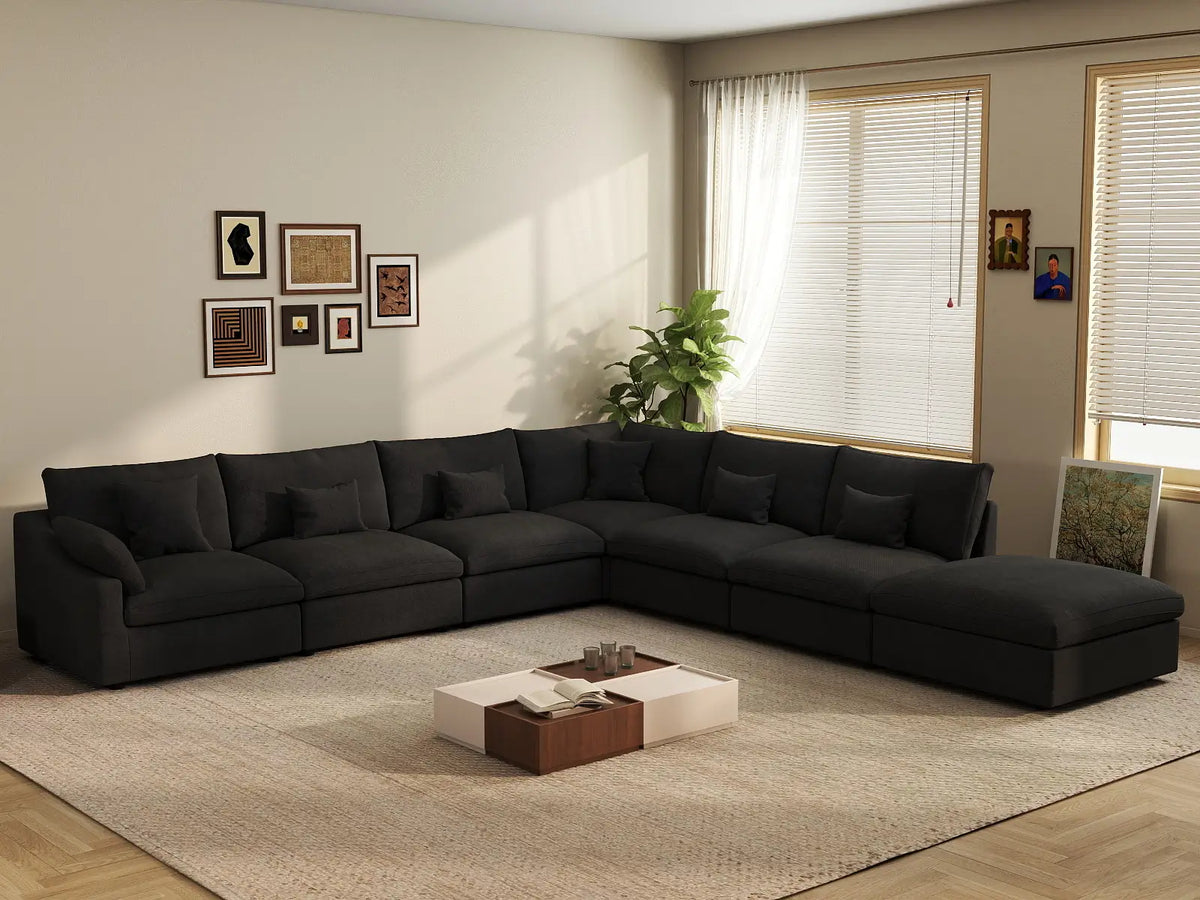 Deluxe Cloud 6-Seater Black Pit Sectional | 7-Piece (Includes 1 Ottoman), Chenille And Linen Fabric, Washable Cushion Covers