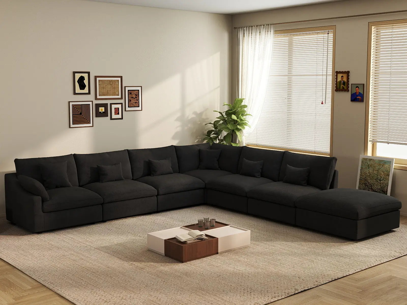 Deluxe Cloud 6-Seater Black Pit Sectional | 7-Piece (Includes 1 Ottoman), Chenille And Linen Fabric, Washable Cushion Covers