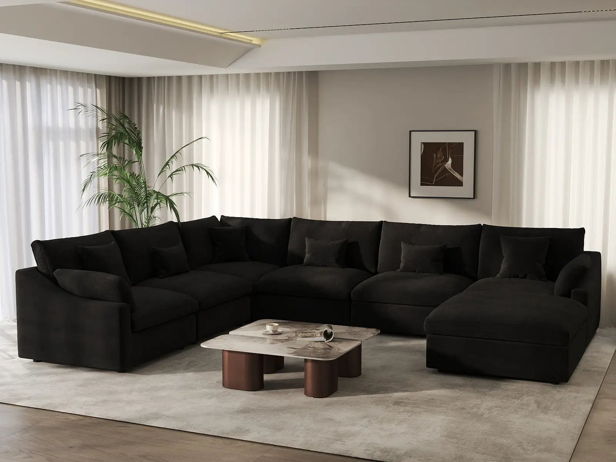 Deluxe Cloud 6-Seater Black Pit Sectional | 7-Piece (Includes 1 Ottoman), Chenille And Linen Fabric, Washable Cushion Covers