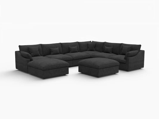 Deluxe Slope Cloud Sectional Sofa Covers | Black Chenille and Linen Sofa Cover for 6-Seater with 2-Ottomans