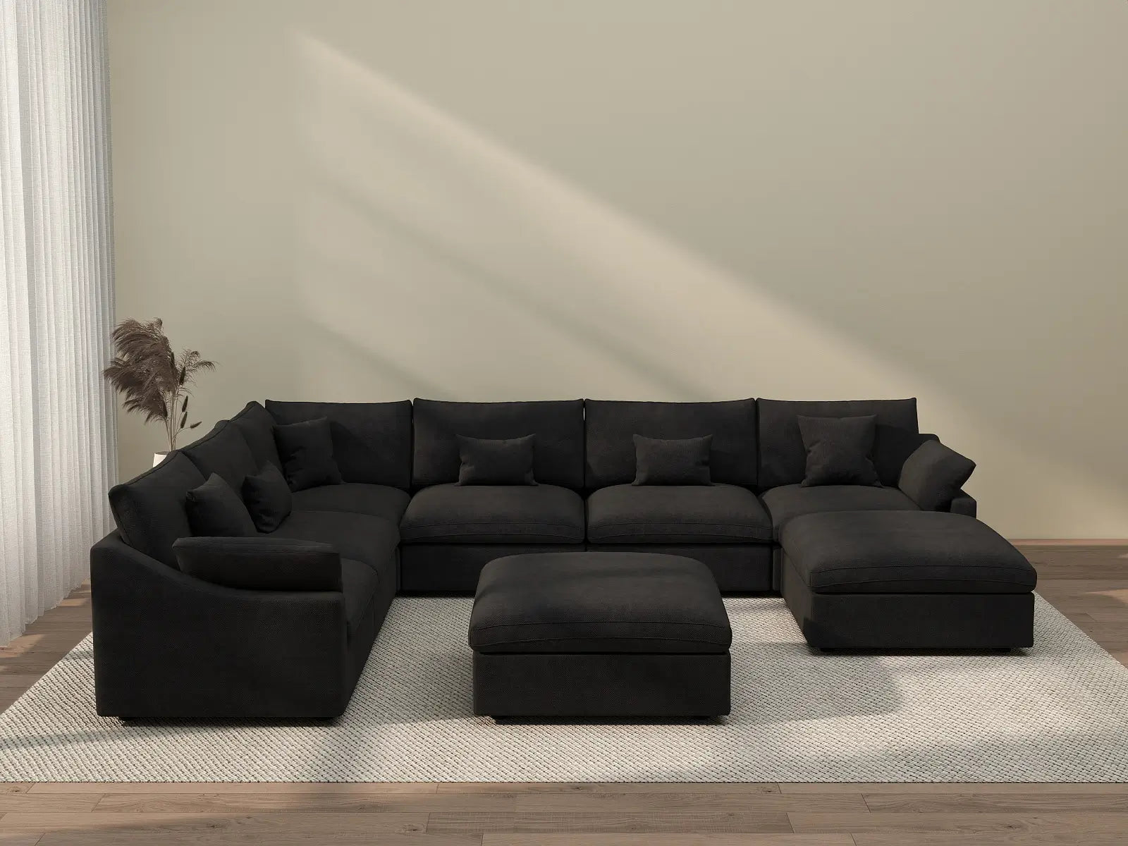 Deluxe Cloud 6-Seater Black Pit Sectional | 8-Piece (Includes 2 Ottomans), Chenille And Linen Fabric, Washable Cushion Covers